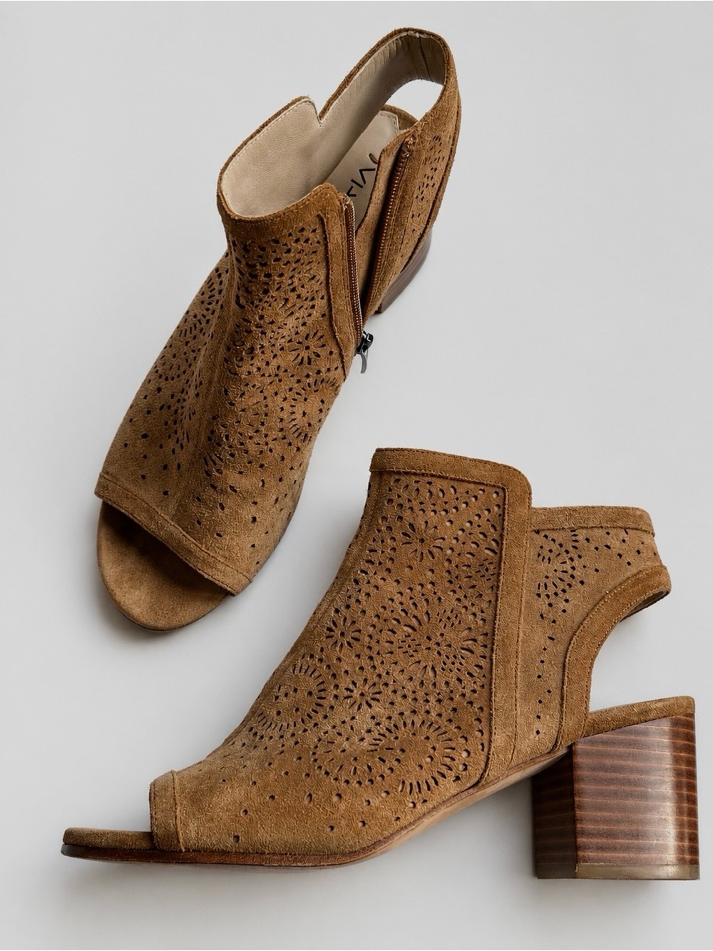 Via Spiga Tan Suede Perforated Peep Toe Ankle Booties Size 7.5
